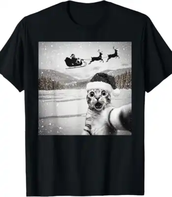 Cat Selfie with Santa Christmas Tee – Fun Holiday Shirt for All