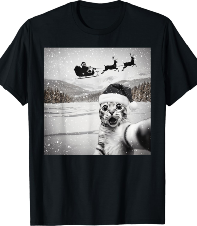 Cat Selfie with Santa Christmas Tee – Fun Holiday Shirt for All