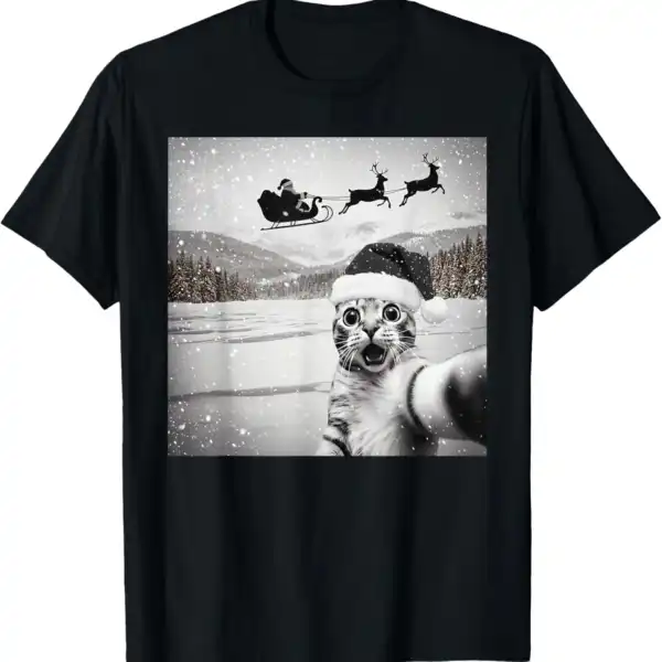 Cat Selfie with Santa Christmas Tee – Fun Holiday Shirt for All