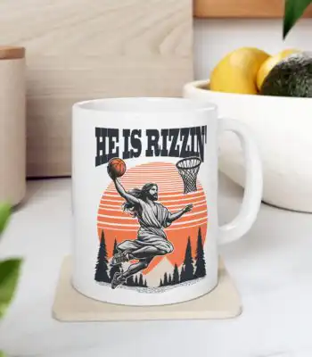 He Is Rizzin Jesus Playing Basketball Mug – Fun Holiday Gift