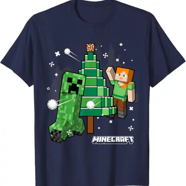 Minecraft Christmas Tree Snowball Fight Tee - Fun Holiday Shirt