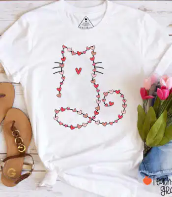 Lovely Cat With Red Hearts Tee – Cute Valentine’s Day Shirt